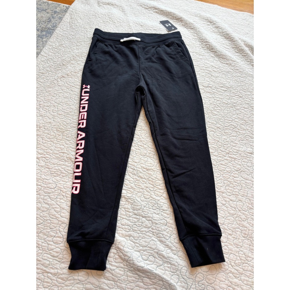 Under Armour Girls Rival Fleece Joggers Black Pink Logo‎ Sweatpants Size XL #153